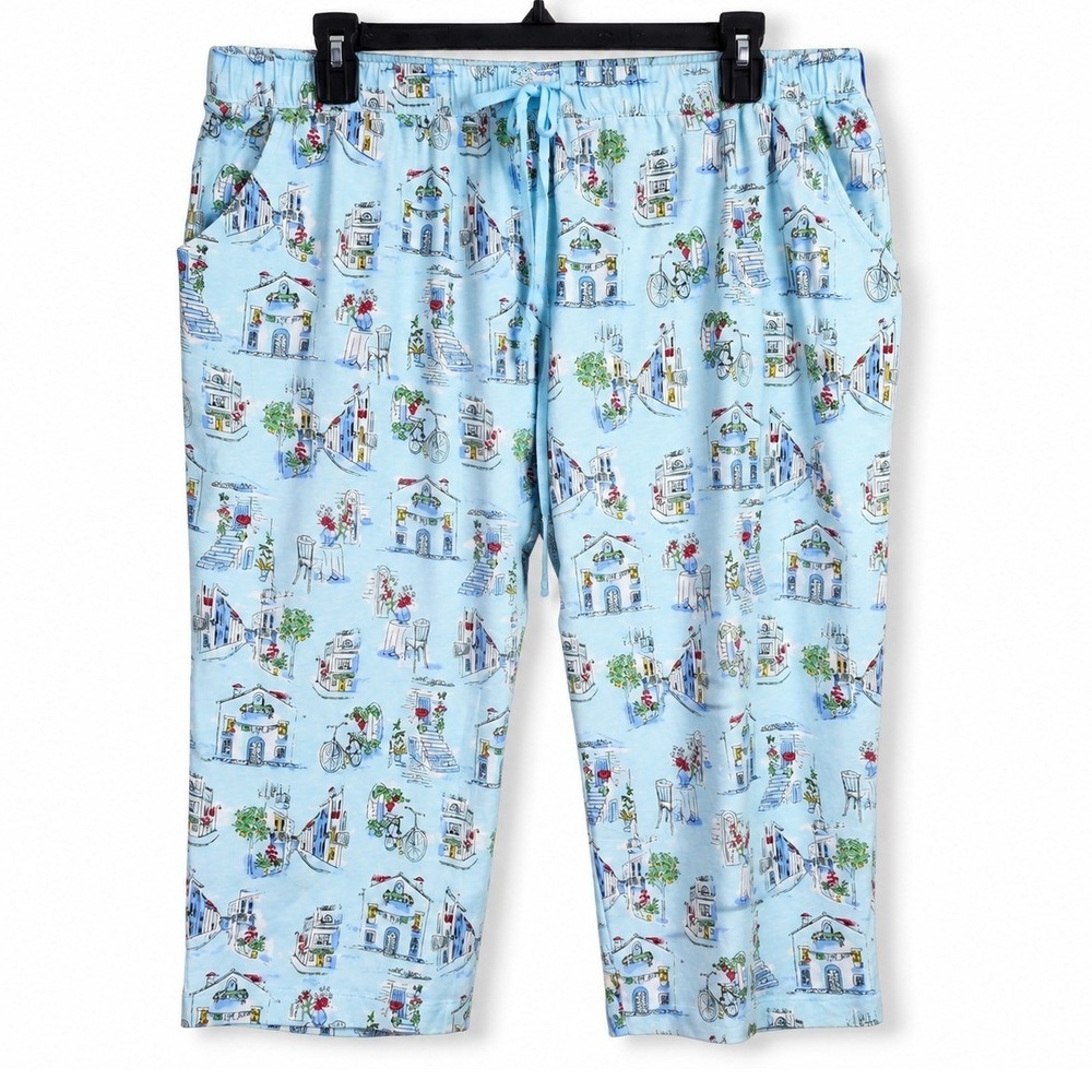 Sleep Sense Pajama Pants Women 3X Blue Vacay Toile Capri Crop Drawstring Pockets